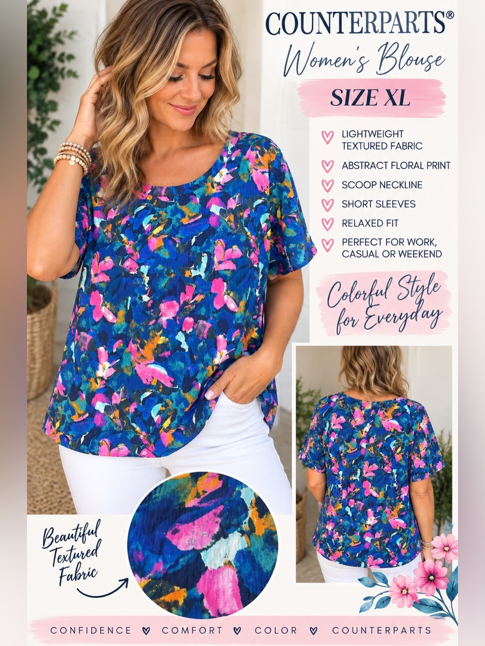 Counterparts XL Colorful Abstract Floral Short Sleeve Blouse